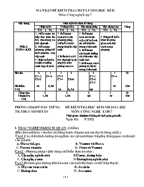 Đề kiểm tra học kì II môn Công nghệ Lớp 7 - Năm học 2021-2022 (Có đáp án)